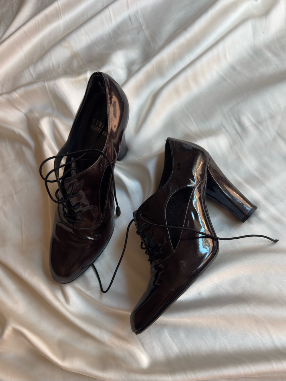 Stuart Weitzman Dark Brown Patent Leather Lace-Up Heels